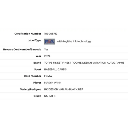 Masyn Winn PSA 8 2024 Topps Finest Rookie Design Variation Autographs #d/10 Card #FRMW