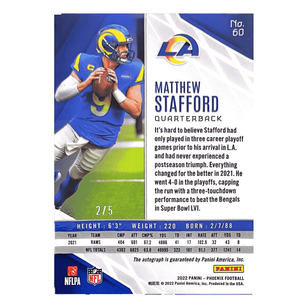 Matthew Stafford 2022 Panini Phoenix Green Autograph #D 2/5 Card #60
