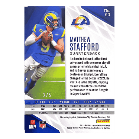 Matthew Stafford 2022 Panini Phoenix Green Autograph #D 2/5 Card #60