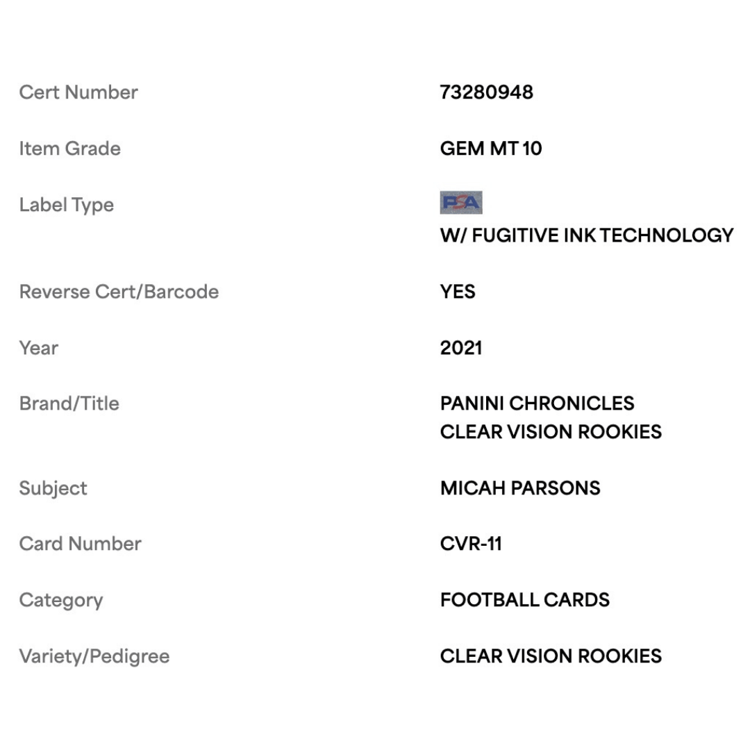 Micah Parsons PSA 10 2021 Panini Chronicles Clear Vision Rookies Card #CVR-11