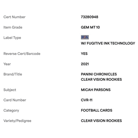 Micah Parsons PSA 10 2021 Panini Chronicles Clear Vision Rookies Card #CVR-11