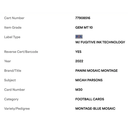 Micah Parsons PSA 10 2022 Panini Mosaic Montage Blue Mosaic #d/ 99 Card #M30