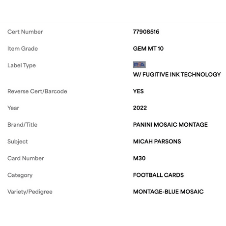 Micah Parsons PSA 10 2022 Panini Mosaic Montage Blue Mosaic #d/ 99 Card #M30