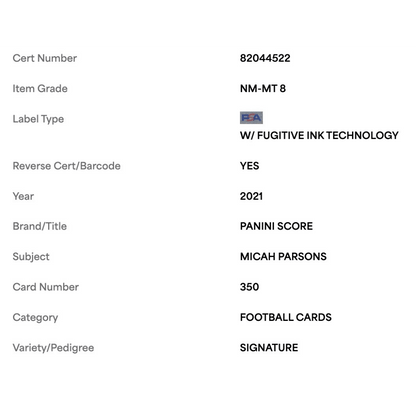 Micah Parsons PSA 8 2021 Score Signature Rookie RC Card #350