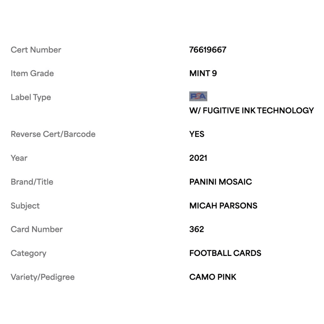 Micah Parsons PSA 9 2021 Panini Mosaic Camp Pink Rookie RC Card #362