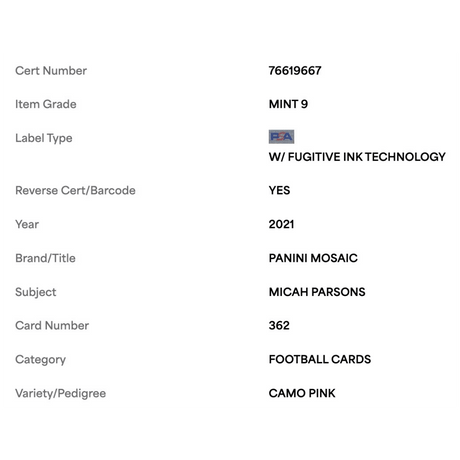 Micah Parsons PSA 9 2021 Panini Mosaic Camp Pink Rookie RC Card #362