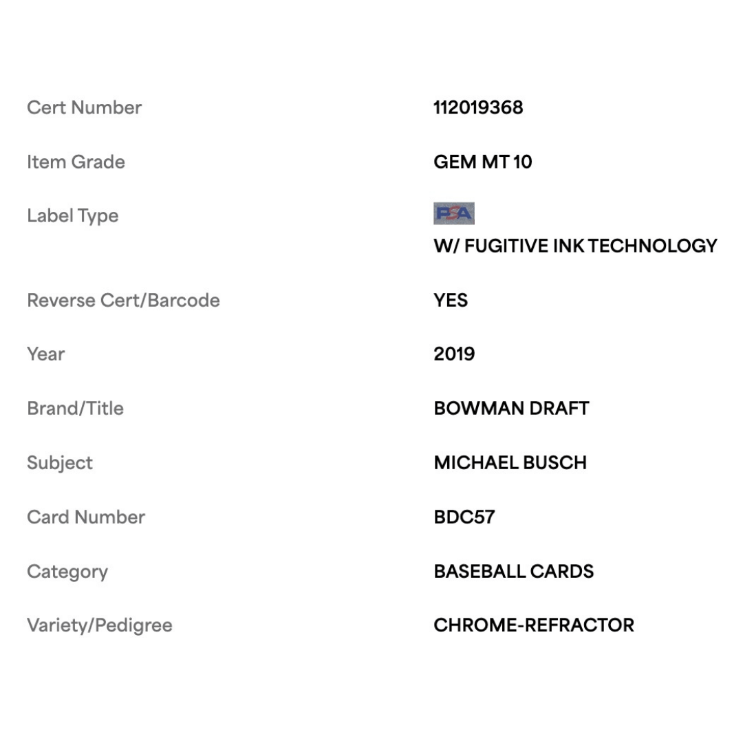 Michael Busch PSA 10 2019 Topps Bowman Draft Chrome Refractor Card #BDC57