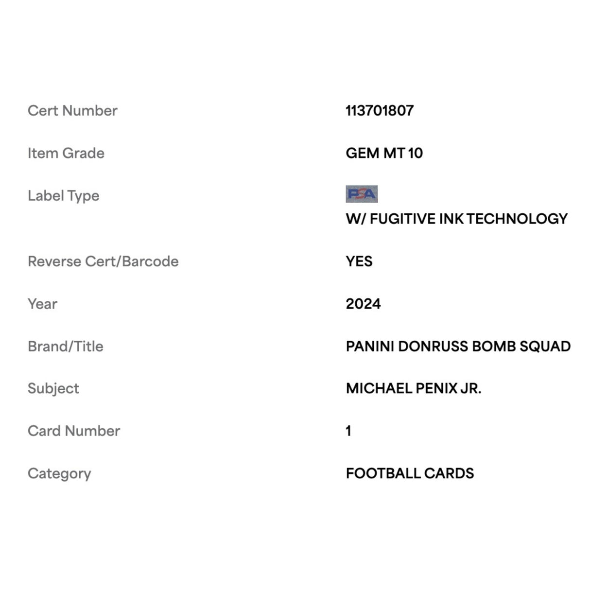 Michael Penix Jr PSA 10 2024 Panini Donruss Bomb Squad Card #1