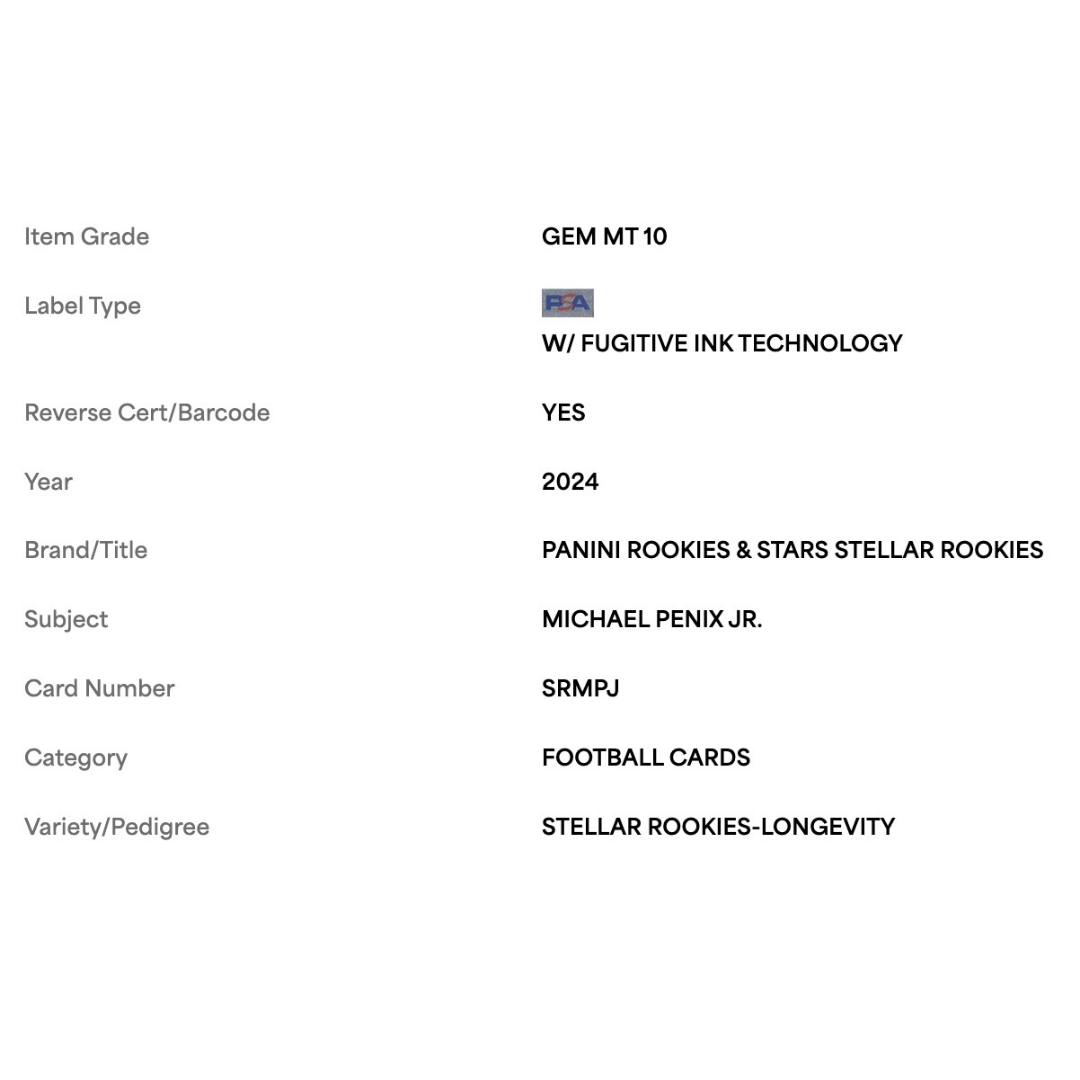 Michael Penix Jr PSA 10 2024 Panini Rookies & Stars Stellar Rookies Longevity Rookie RC Card #SRMPJ