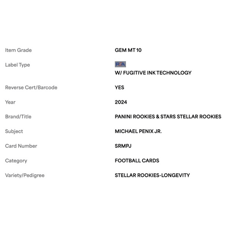 Michael Penix Jr PSA 10 2024 Panini Rookies & Stars Stellar Rookies Longevity Rookie RC Card #SRMPJ
