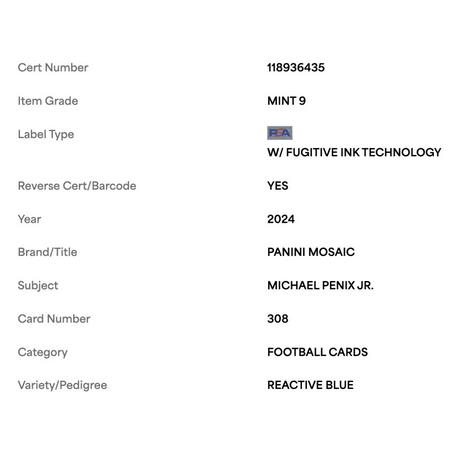 Michael Penix Jr PSA 9 2022 Panini Mosaic Reactive Blue Rookie RC Card #308