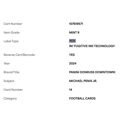 Michael Penix Jr PSA 9 2024 Panini Donruss Downtown! Rookie RC Card #14