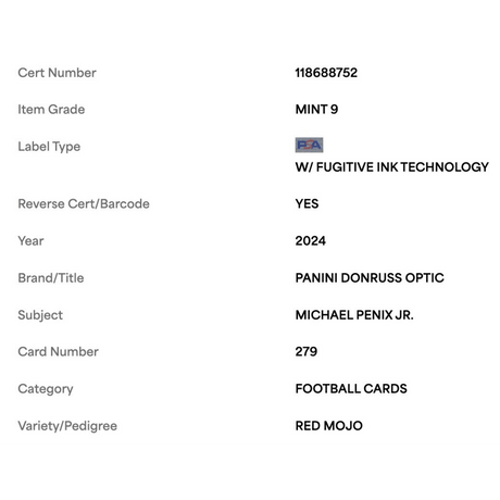 Michael Penix Jr PSA 9 2024 Panini Donruss Optic Rated Rookie Red Mojo Card #279