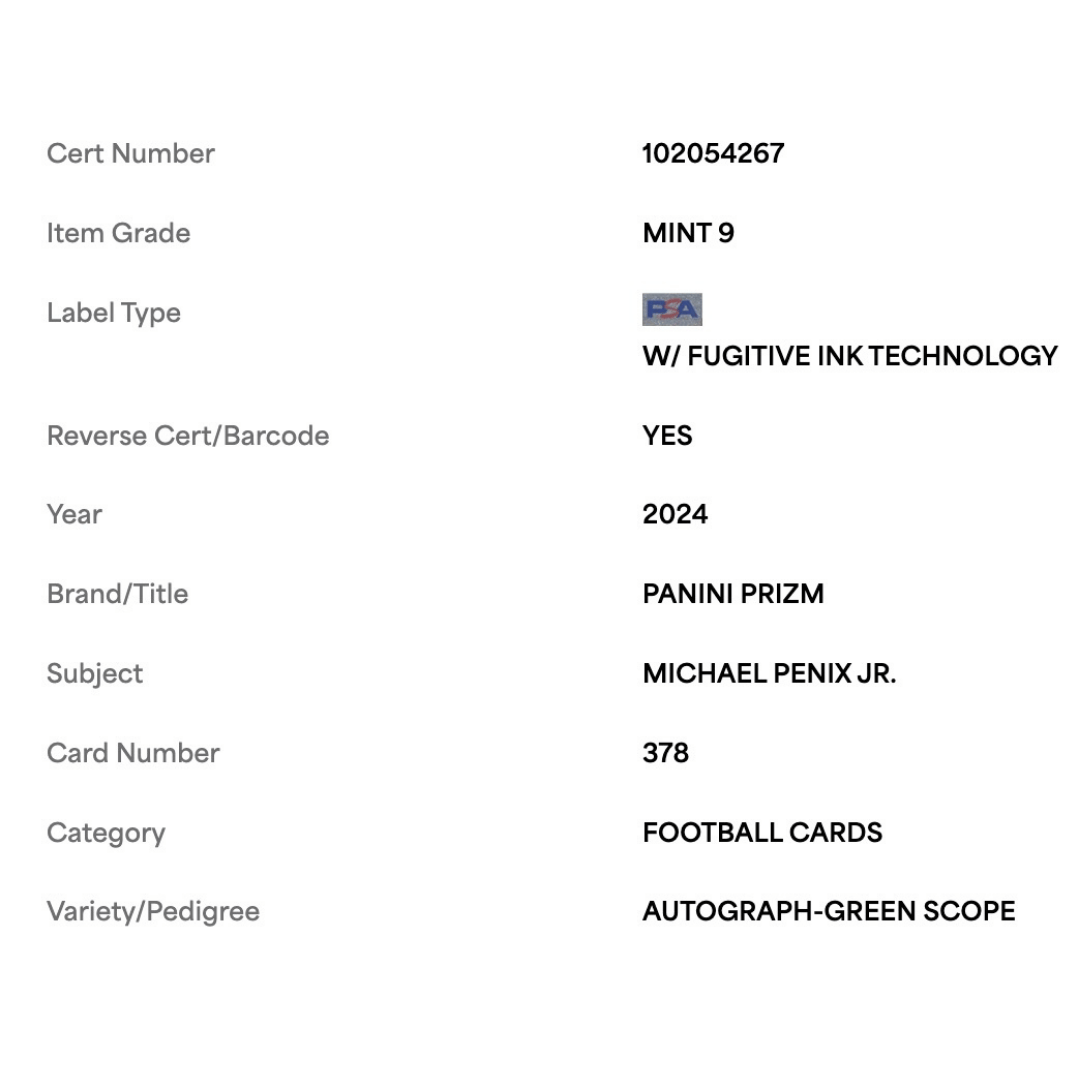 Michael Penix Jr PSA 9 2024 Panini Prizm Autograph Green Scope Rookie RC #d/75 Card #378