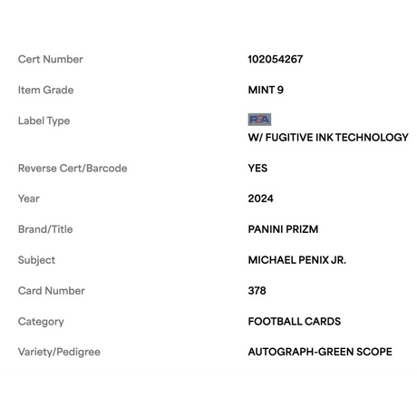 Michael Penix Jr PSA 9 2024 Panini Prizm Autograph Green Scope Rookie RC #d/75 Card #378