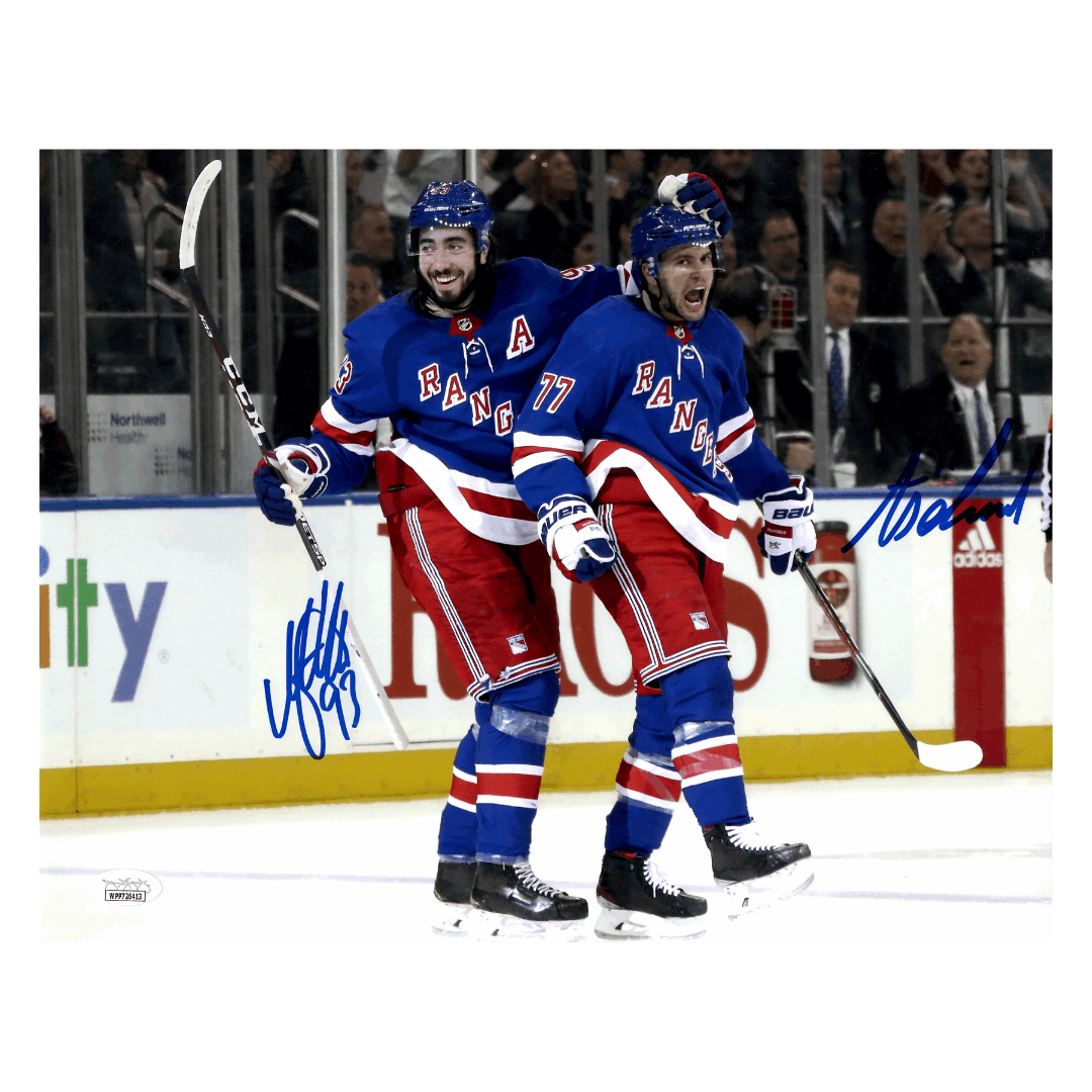 Mika Zibanejad & Tony DeAngelo New York Rangers Dual Autographed Celebration 11x14 Photo - JSA COA