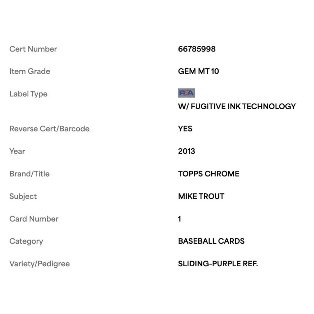 Mike Trout PSA 10 2013 Topps Chrome Sliding Purple Refractor Card #1