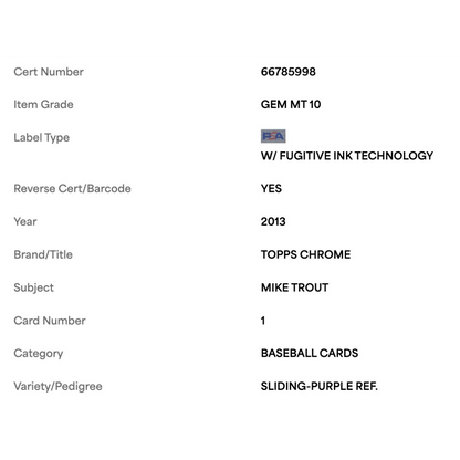 Mike Trout PSA 10 2013 Topps Chrome Sliding Purple Refractor Card #1