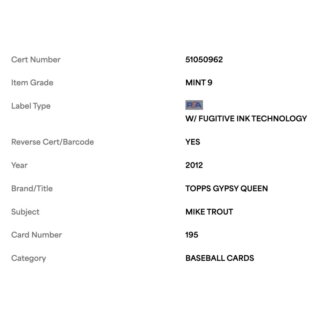 Mike Trout PSA 9 2012 Topps Gypsy Queen Card #195
