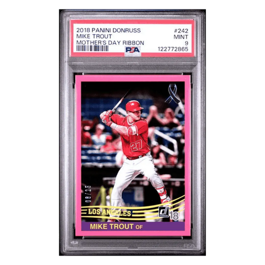 Mike Trout PSA 9 2018 Panini Donruss Mother's Day RIbbon #d/ 25 Card #242