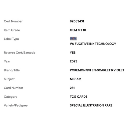 Miriam PSA 10 2023 Pokemon Scarlet & Violet Special Illustration Rare Card #251