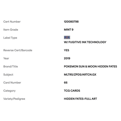 Moltres Zapdos Articuno GX PSA 9 2019 Pokemon Sun & Moon Hidden Fates - Full Art Card #66