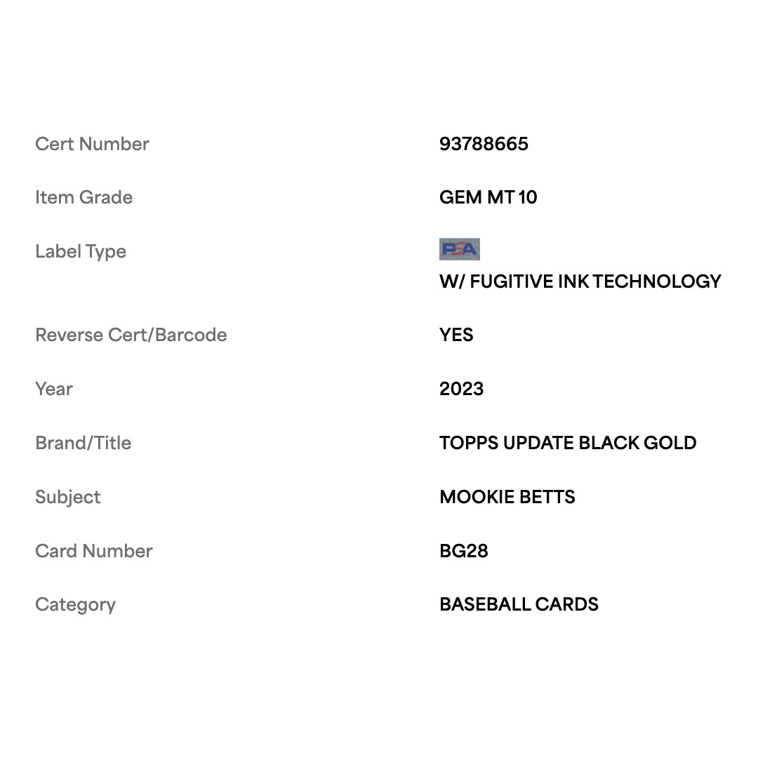 Mookie Betts PSA 10 2023 Topps Update Black Gold Card #BG28