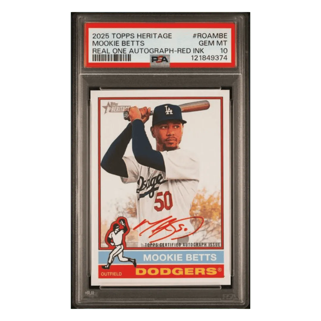 Mookie Betts PSA 10 2025 Topps Heritage Real One Autograph Red Ink #d/ 76 Card #ROAMBE