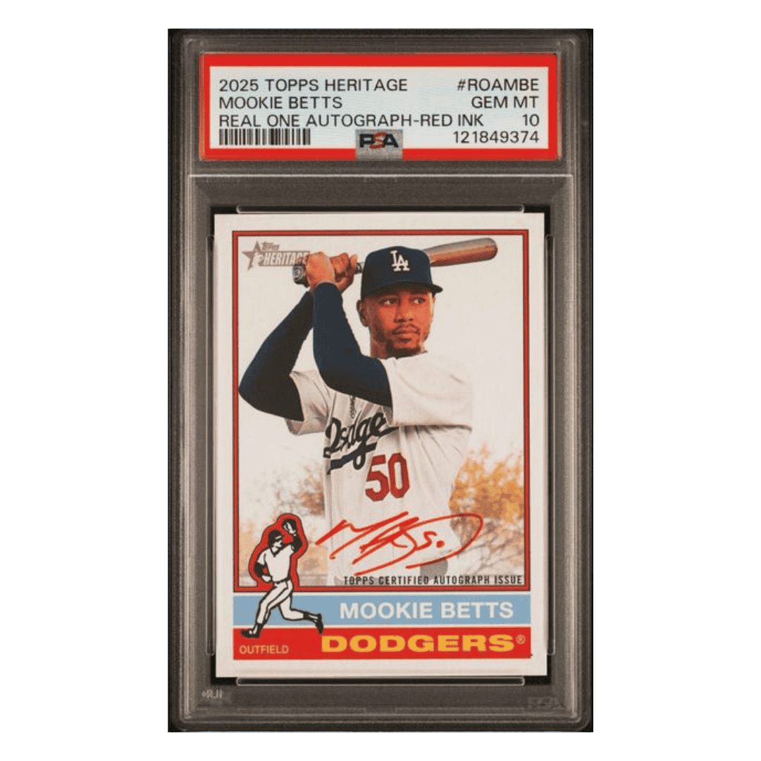 Mookie Betts PSA 10 2025 Topps Heritage Real One Autograph Red Ink #d/ 76 Card #ROAMBE