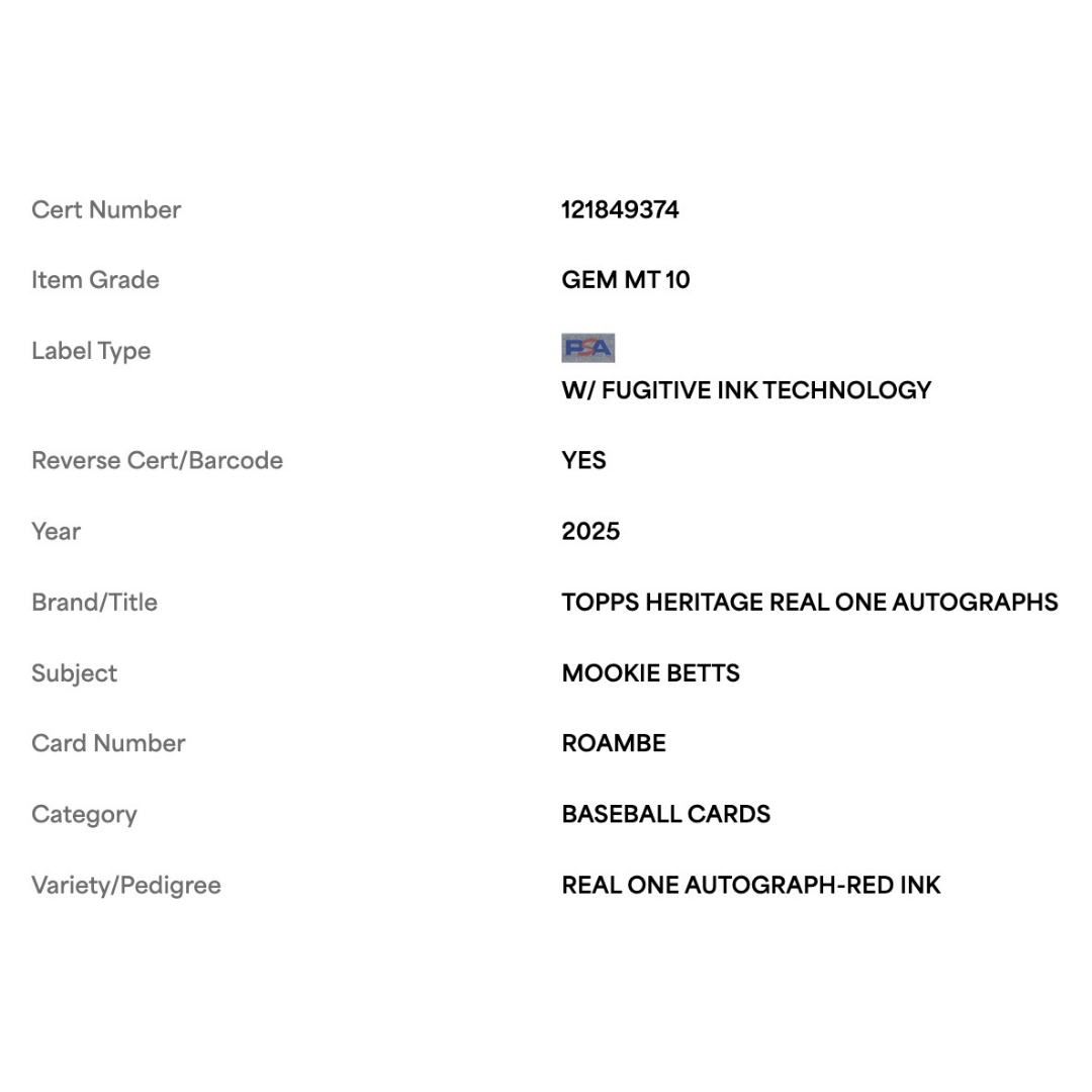 Mookie Betts PSA 10 2025 Topps Heritage Real One Autograph Red Ink #d/ 76 Card #ROAMBE