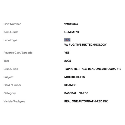 Mookie Betts PSA 10 2025 Topps Heritage Real One Autograph Red Ink #d/ 76 Card #ROAMBE