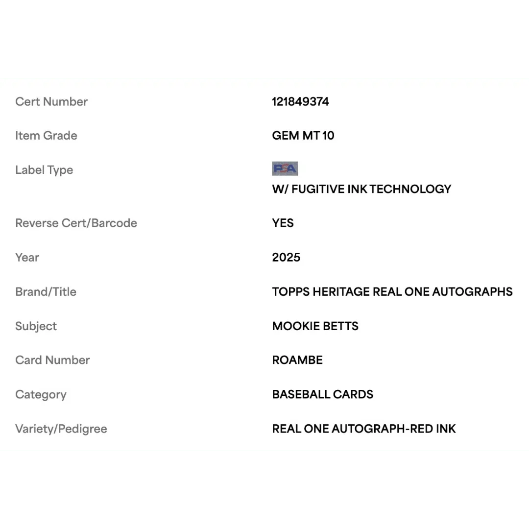 Mookie Betts PSA 10 2025 Topps Heritage Real One Autograph Red Ink #d/ 76 Card #ROAMBE