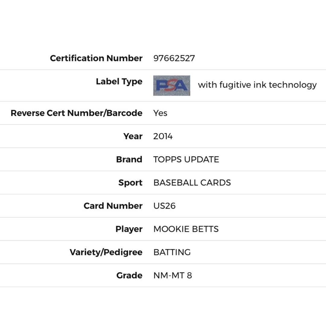 Mookie Betts PSA 8 2014 Topps Update Batting Card #US26