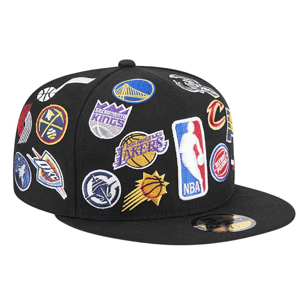 NBA All Over Logo New Era Black 59FIFTY Fitted Hat
