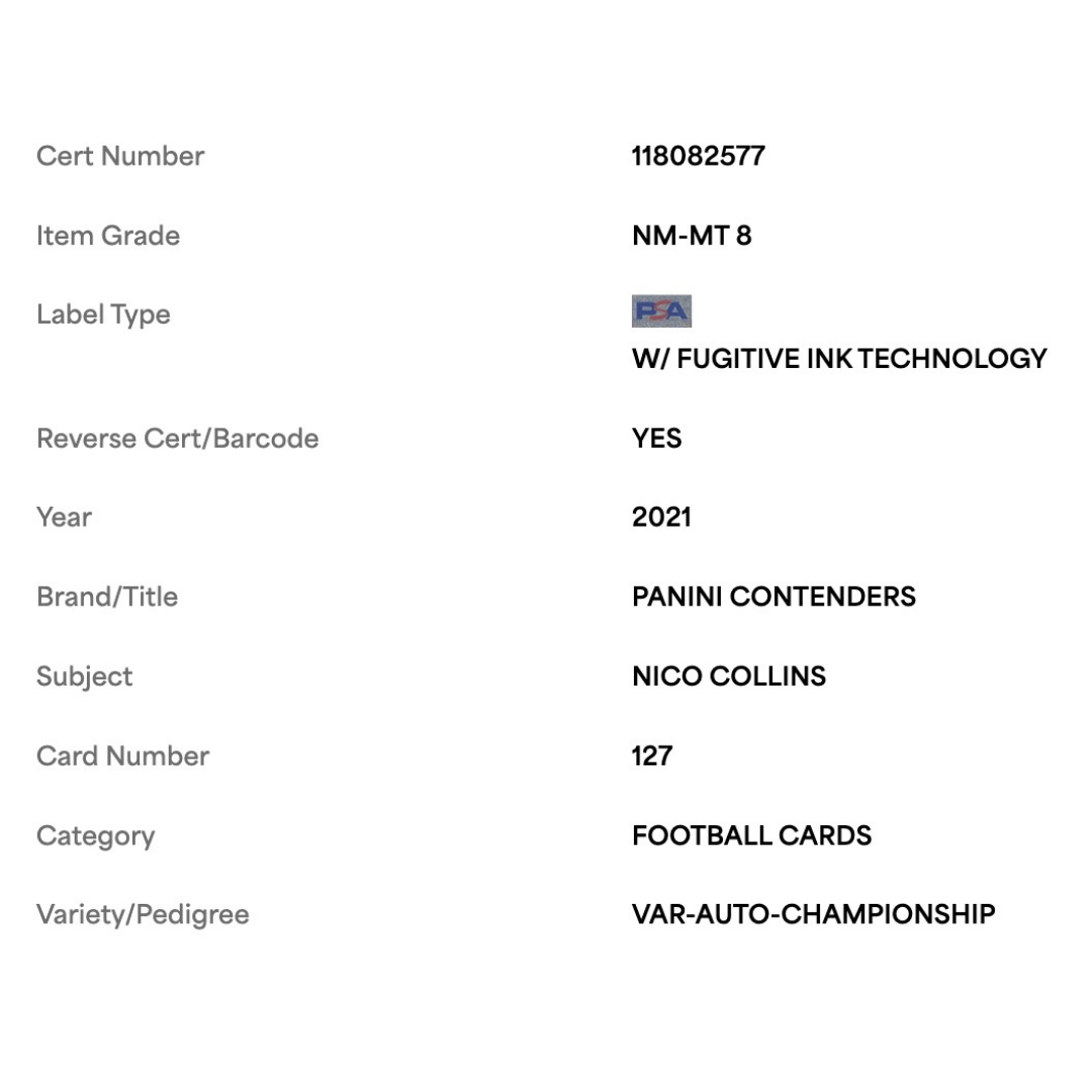 Nico Collins PSA 8 2021 Panini Contenders Variation Championship Ticket Autograph Rookie RC #d/ 25 Card #127