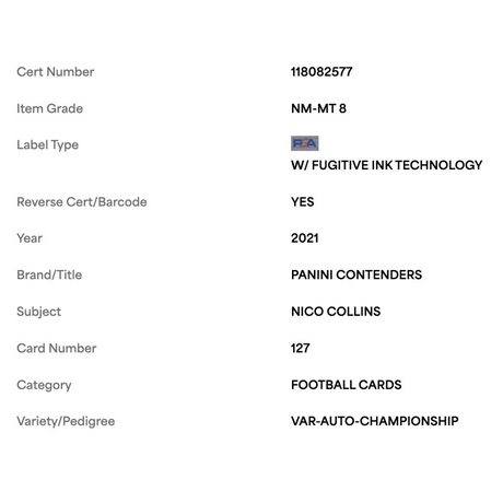 Nico Collins PSA 8 2021 Panini Contenders Variation Championship Ticket Autograph Rookie RC #d/ 25 Card #127