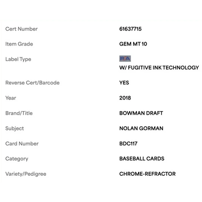 Nolan Gorman PSA 10 2018 Topps Bowman Draft Chrome Refractor Card #BDC117