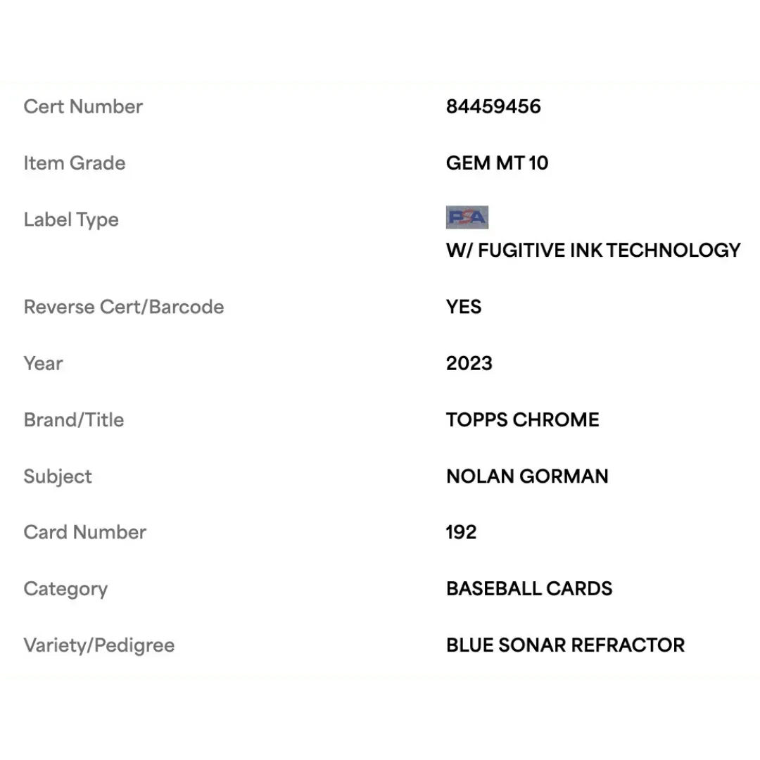 Nolan Gorman PSA 10 2023 Topps Chrome Blue Sonar #d/ 125 Card #192