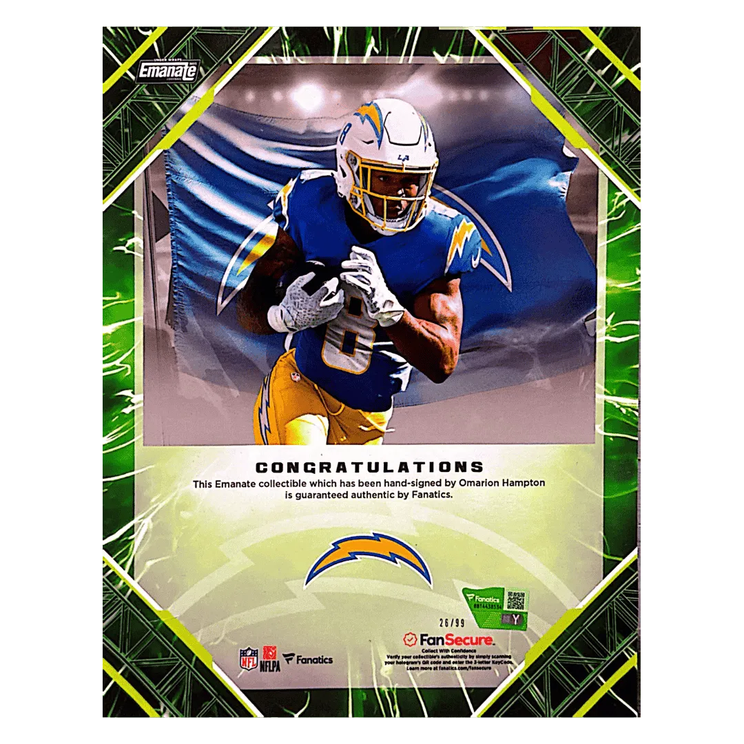 Omarion Hampton Los Angeles Chargers Fanatics 2025 Emanate Auto Green #d/ 99 8x10