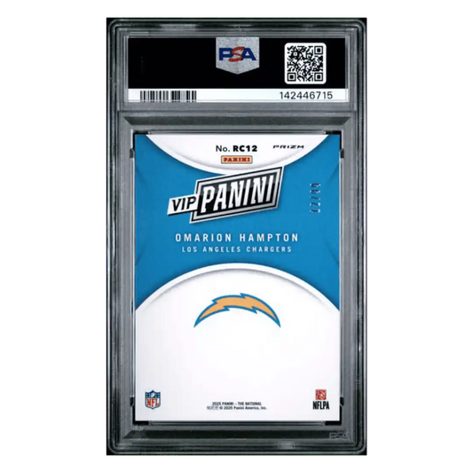 Omarion Hampton PSA 9 2025 Panini National Sports Collectors Convention VIP Gold Red Sparkle Rookie RC #d/ 99 Card #RC12