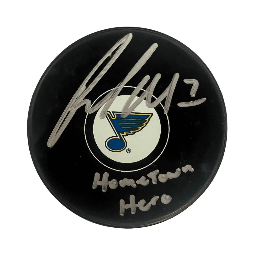 Pat Maroon St Louis Blues Autographed Logo Puck with Hometown Hero Inscription - JSA COA