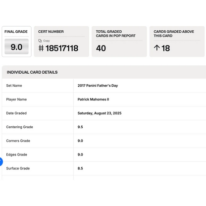 Patrick Mahomes BGS 9 2017 Panini Fathers Day Rookie RC #d/ 499 Card #51