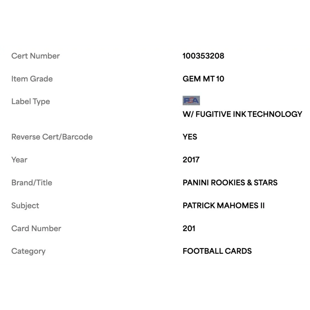 Patrick Mahomes PSA 10 2017 Panini Rookies & Stars Card #201