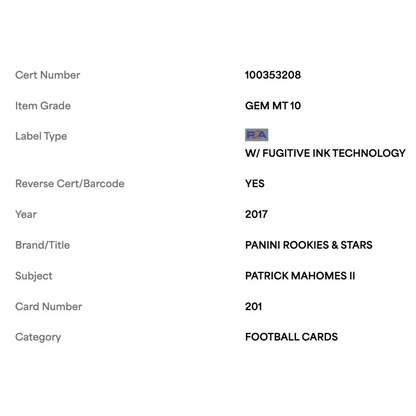 Patrick Mahomes PSA 10 2017 Panini Rookies & Stars Card #201