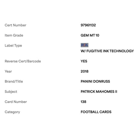 Patrick Mahomes PSA 10 2018 Panini Donruss Card #138