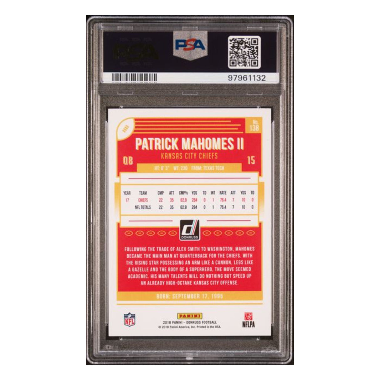 Patrick Mahomes PSA 10 2018 Panini Donruss Card #138