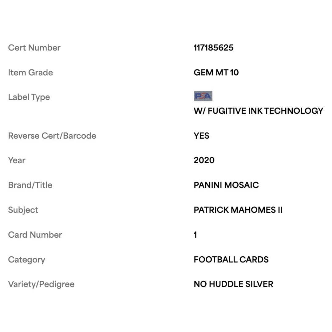 Patrick Mahomes PSA 10 2020 Panini Mosaic No Huddle Silver Card #1