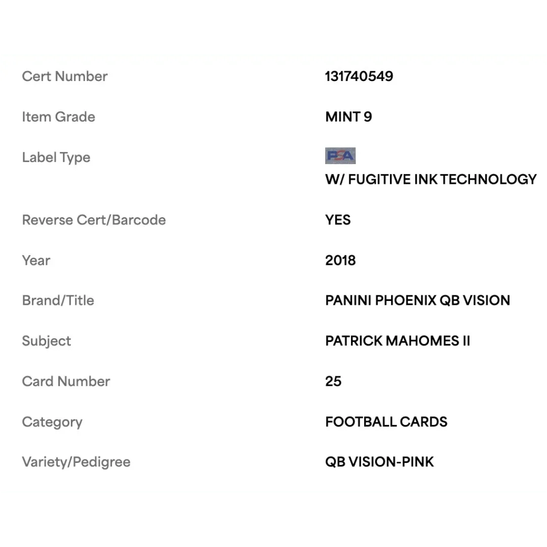Patrick Mahomes PSA 9 2018 Panini Phoenix OQ Vision Pink #d/ 199 Card #25