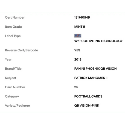 Patrick Mahomes PSA 9 2018 Panini Phoenix OQ Vision Pink #d/ 199 Card #25