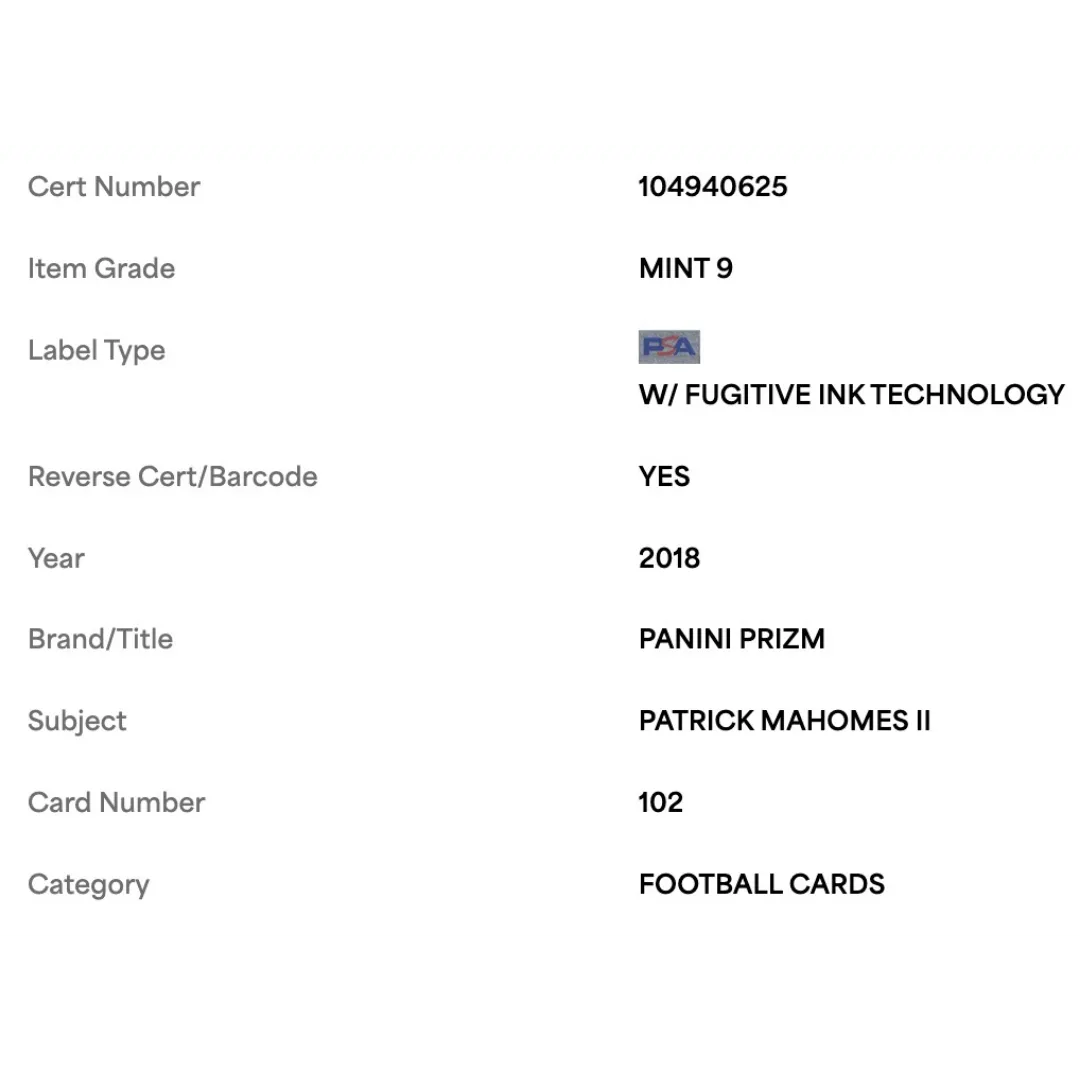 Patrick Mahomes PSA 9 2018 Panini Prizm Card #102